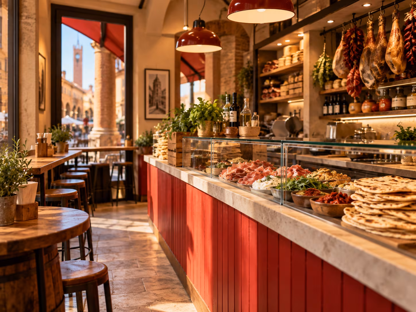 Interno di una piadineria con banco rosso e ingredienti esposti.